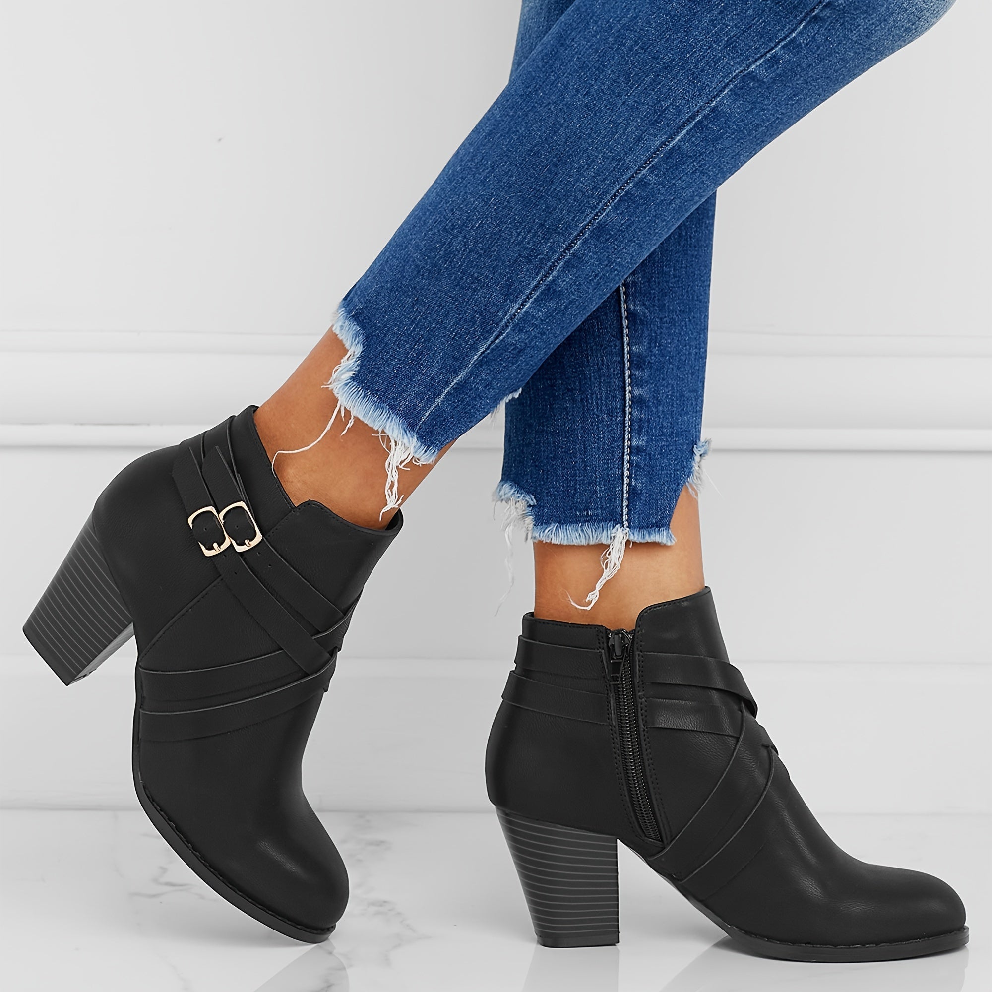 Margot - Women's Buckle-Strap Block Heel Ankle Boots