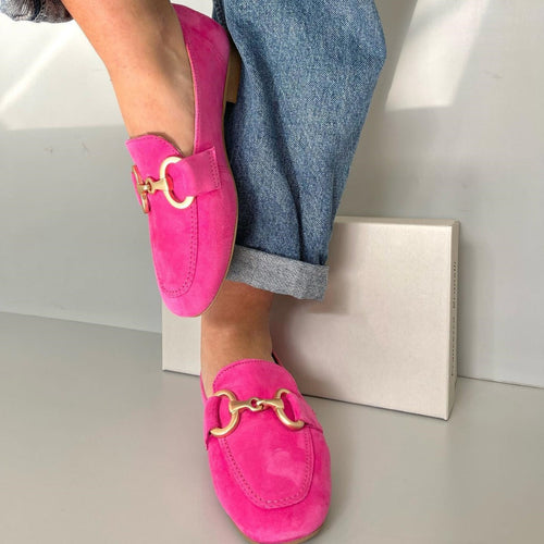 Marguerite - Women's Suede Loafers with Gold Hardware