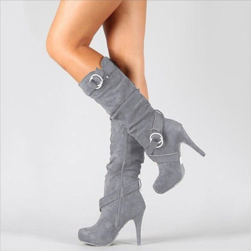 Marlowe - Women's Buckle-Strap Knee-High Heeled Boots