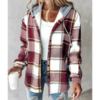 Mia - Women's Plaid Hooded Shacket with Drawstring