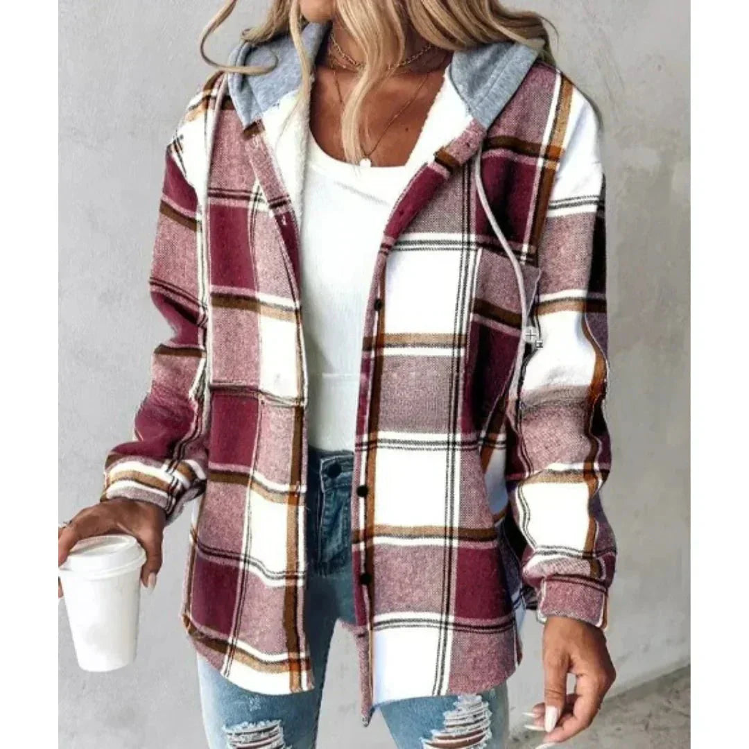 Mia - Women's Plaid Hooded Shacket with Drawstring