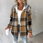 Mia - Women's Plaid Hooded Shacket with Drawstring