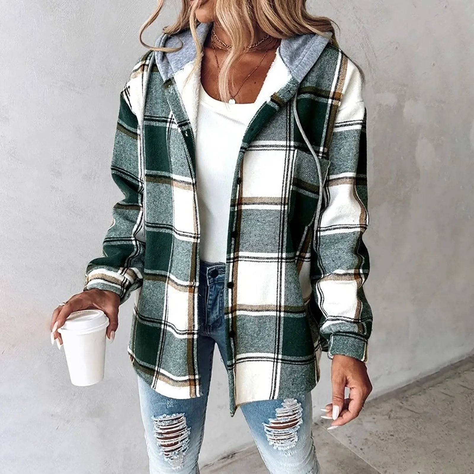 Mia - Women's Plaid Hooded Shacket with Drawstring