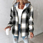 Mia - Women's Plaid Hooded Shacket with Drawstring