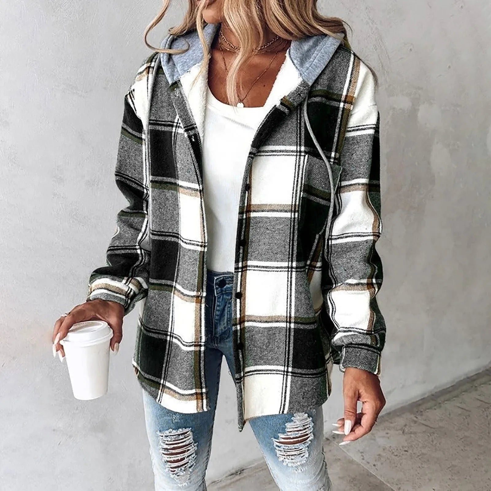 Mia - Women's Plaid Hooded Shacket with Drawstring