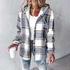Mia - Women's Plaid Hooded Shacket with Drawstring