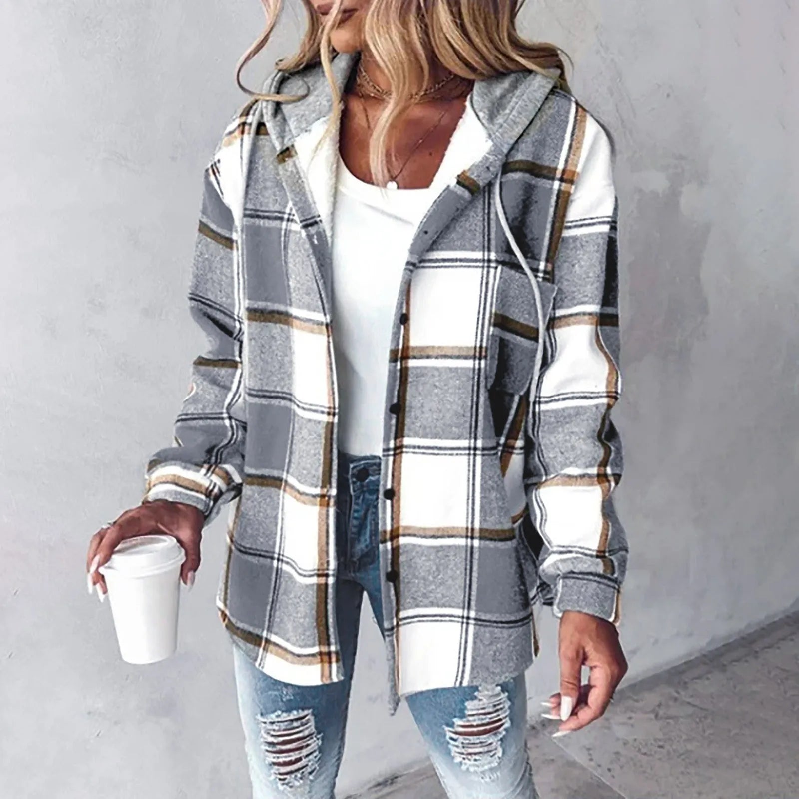 Mia - Women's Plaid Hooded Shacket with Drawstring