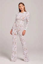 Natalia - Women's Lace Long-Sleeve Jumpsuit with Studded Belt