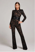 Natalia - Women's Lace Long-Sleeve Jumpsuit with Studded Belt