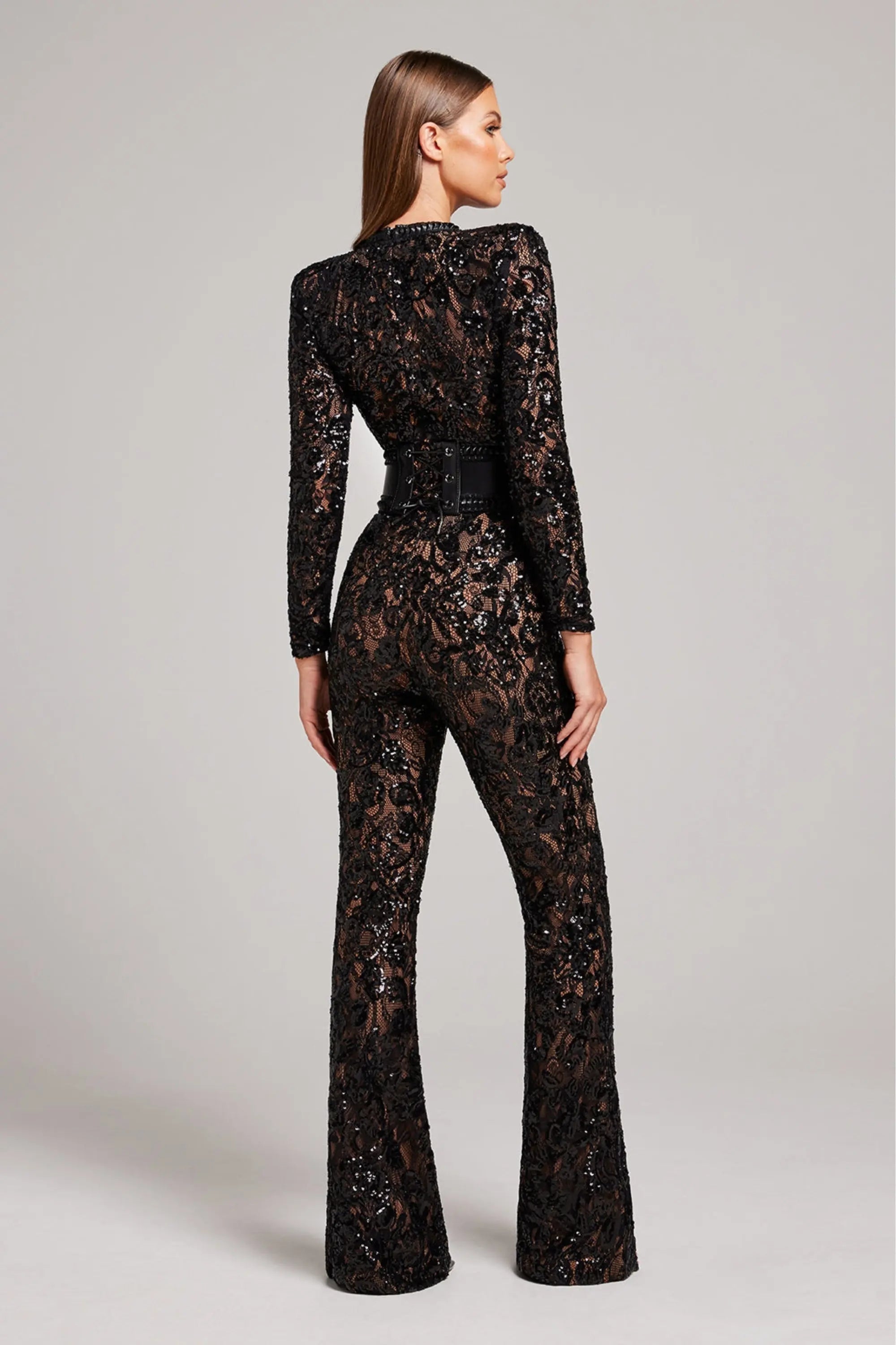 Natalia - Women's Lace Long-Sleeve Jumpsuit with Studded Belt
