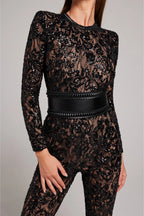 Natalia - Women's Lace Long-Sleeve Jumpsuit with Studded Belt