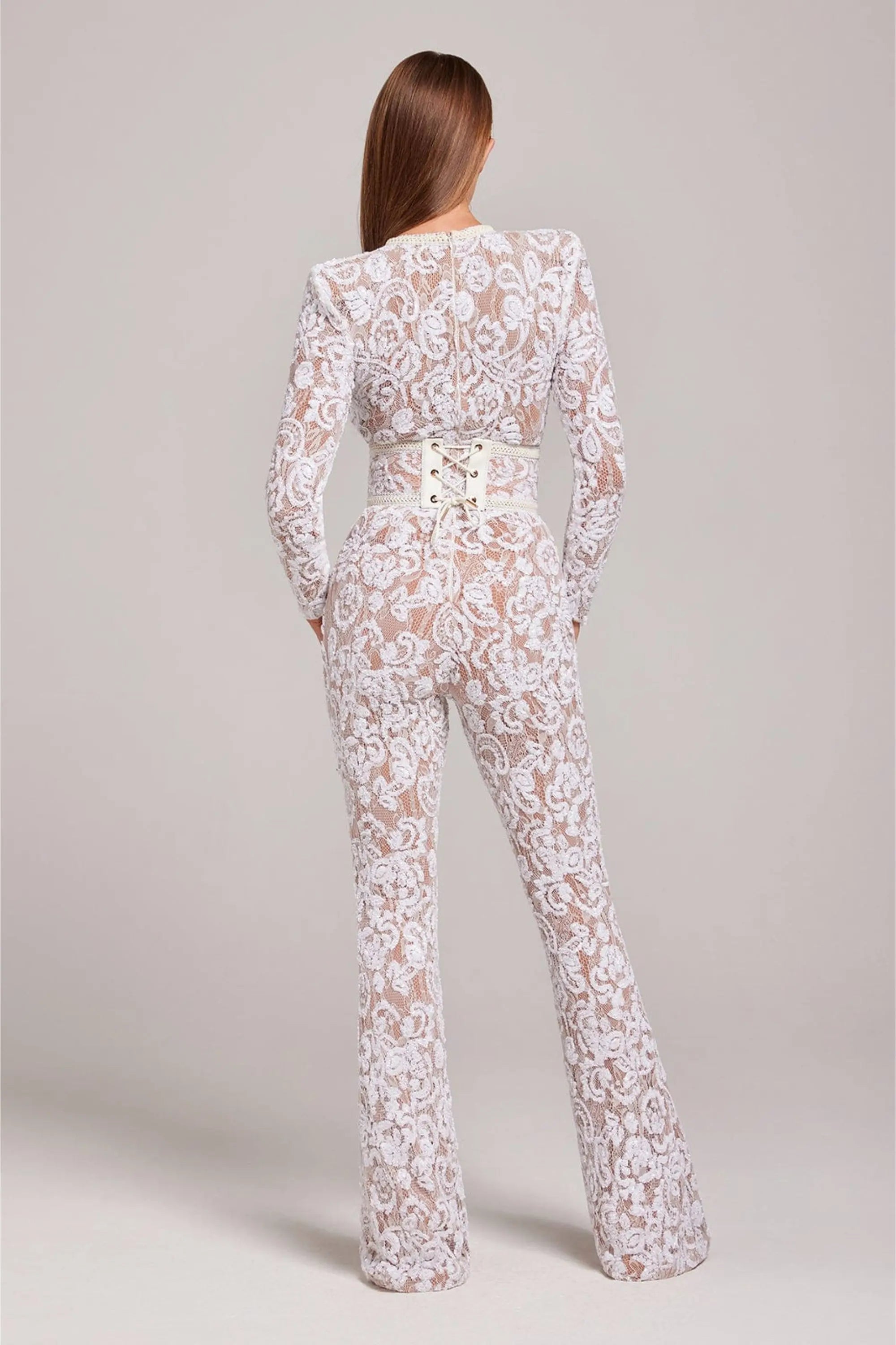 Natalia - Women's Lace Long-Sleeve Jumpsuit with Studded Belt