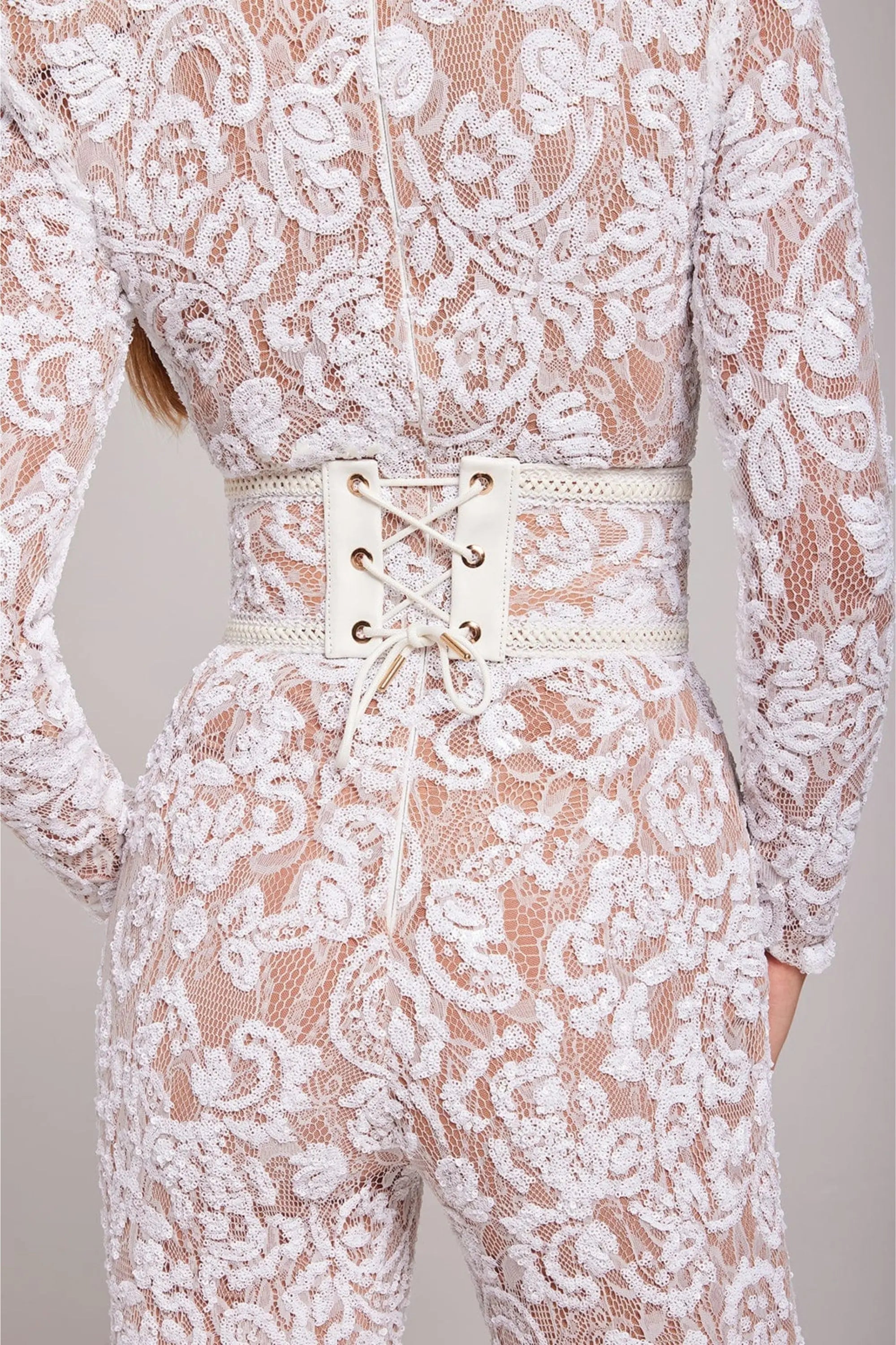 Natalia - Women's Lace Long-Sleeve Jumpsuit with Studded Belt