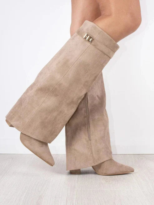 Natalie - Women's Suede Knee-High Boots with Metal Buckle