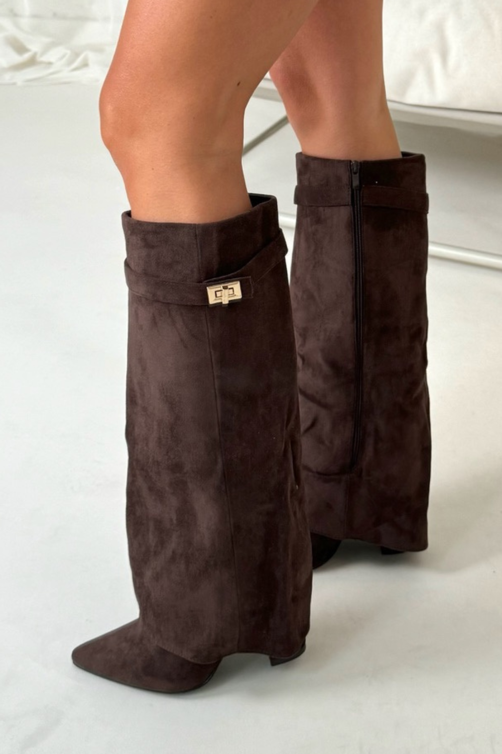 Natalie - Women's Suede Knee-High Boots with Metal Buckle