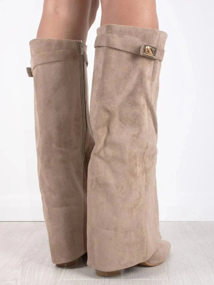 Natalie - Women's Suede Knee-High Boots with Metal Buckle