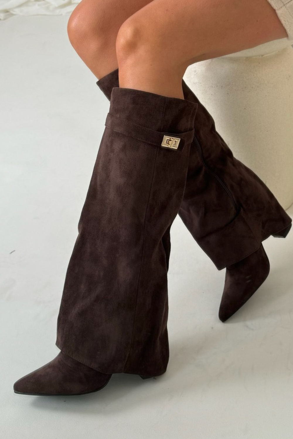 Natalie - Women's Suede Knee-High Boots with Metal Buckle