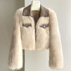 Natasha - Women's Cropped Faux Fur Jacket with Leather Collar
