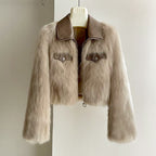 Natasha - Women's Cropped Faux Fur Jacket with Leather Collar