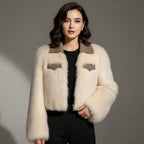 Natasha - Women's Cropped Faux Fur Jacket with Leather Collar