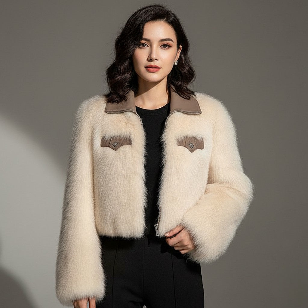 Natasha - Women's Cropped Faux Fur Jacket with Leather Collar
