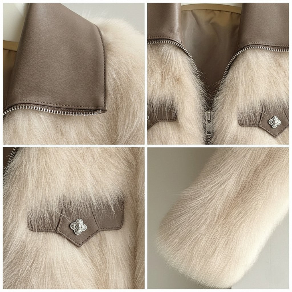 Natasha - Women's Cropped Faux Fur Jacket with Leather Collar