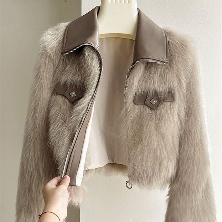 Natasha - Women's Cropped Faux Fur Jacket with Leather Collar