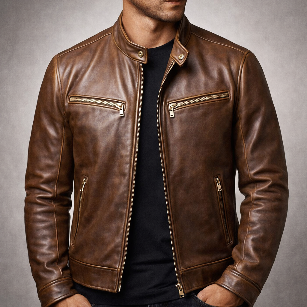 Nathaniel - Men's Zip-Up Leather Jacket with Chest Pockets