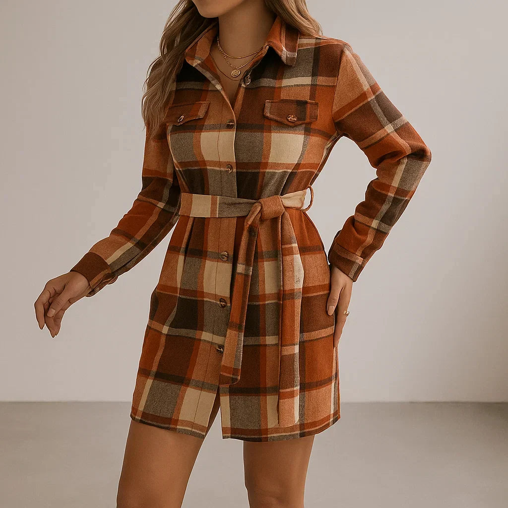 Olivia - Women's Plaid Shirt Dress with Belted Waist