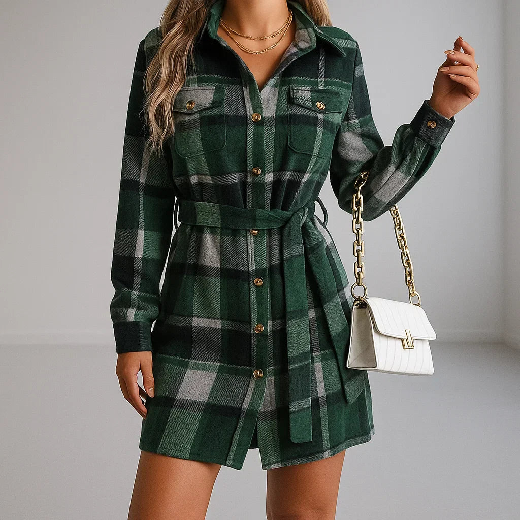 Olivia - Women's Plaid Shirt Dress with Belted Waist