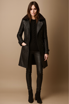 Ophelia - Women's Double-Breasted Faux Leather Trench Coat with Shearling Collar
