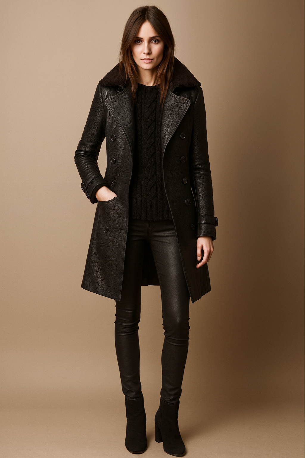 Ophelia - Women's Double-Breasted Faux Leather Trench Coat with Shearling Collar
