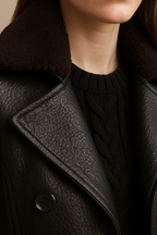 Ophelia - Women's Double-Breasted Faux Leather Trench Coat with Shearling Collar