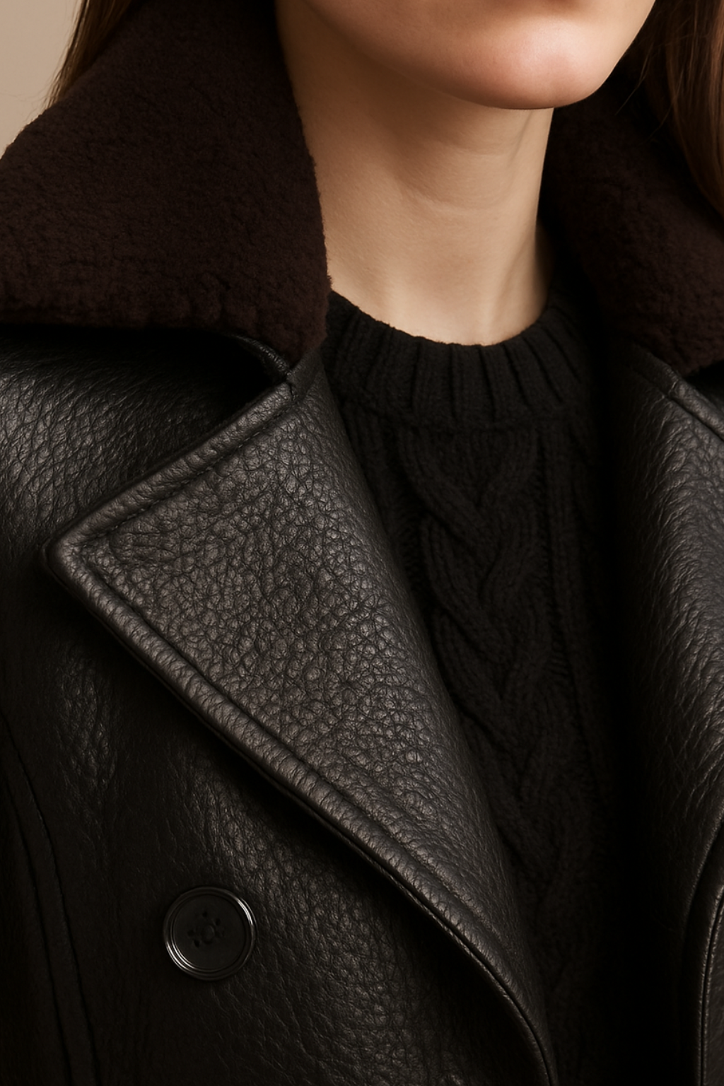 Ophelia - Women's Double-Breasted Faux Leather Trench Coat with Shearling Collar