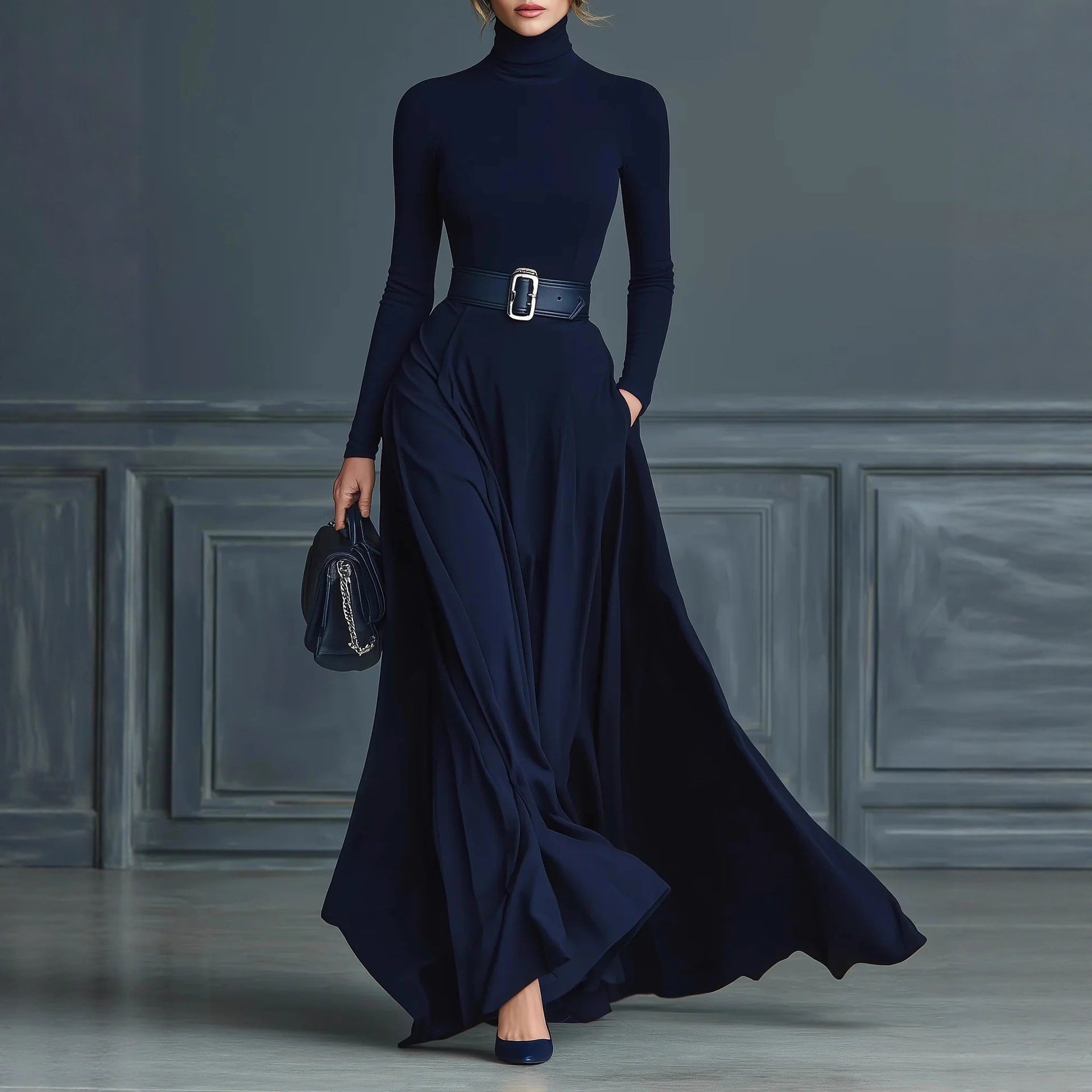 Pauline - Women's Turtleneck Long Sleeve Slim Fit Maxi Dress 1