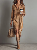Phoebe - Women's Corduroy Button-Front Shirt Dress