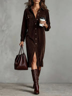 Phoebe - Women's Corduroy Button-Front Shirt Dress