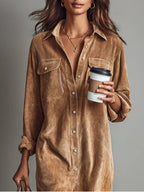Phoebe - Women's Corduroy Button-Front Shirt Dress