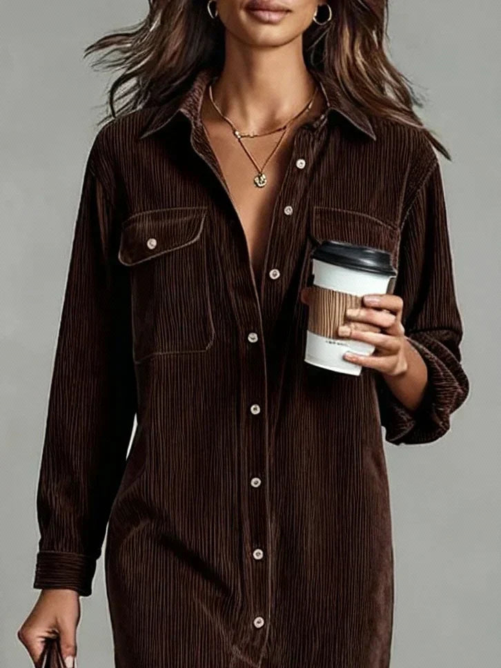 Phoebe - Women's Corduroy Button-Front Shirt Dress