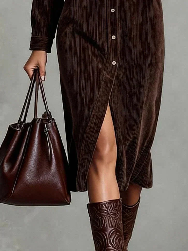 Phoebe - Women's Corduroy Button-Front Shirt Dress