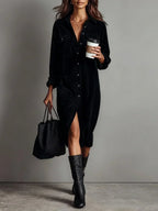 Phoebe - Women's Corduroy Button-Front Shirt Dress