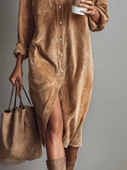 Phoebe - Women's Corduroy Button-Front Shirt Dress