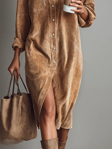 Phoebe - Women's Corduroy Button-Front Shirt Dress
