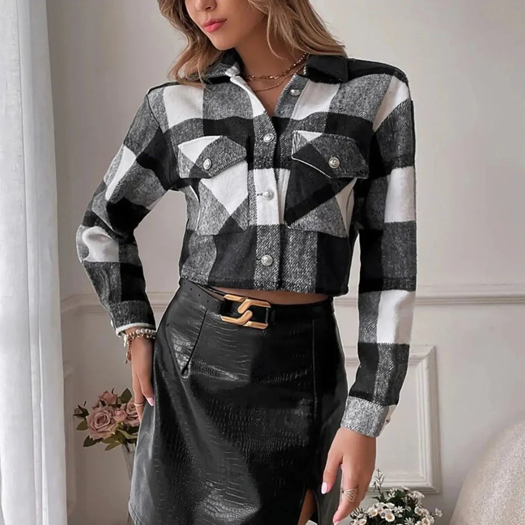 Phoebe - Women's Cropped Plaid Button-Front Jacket