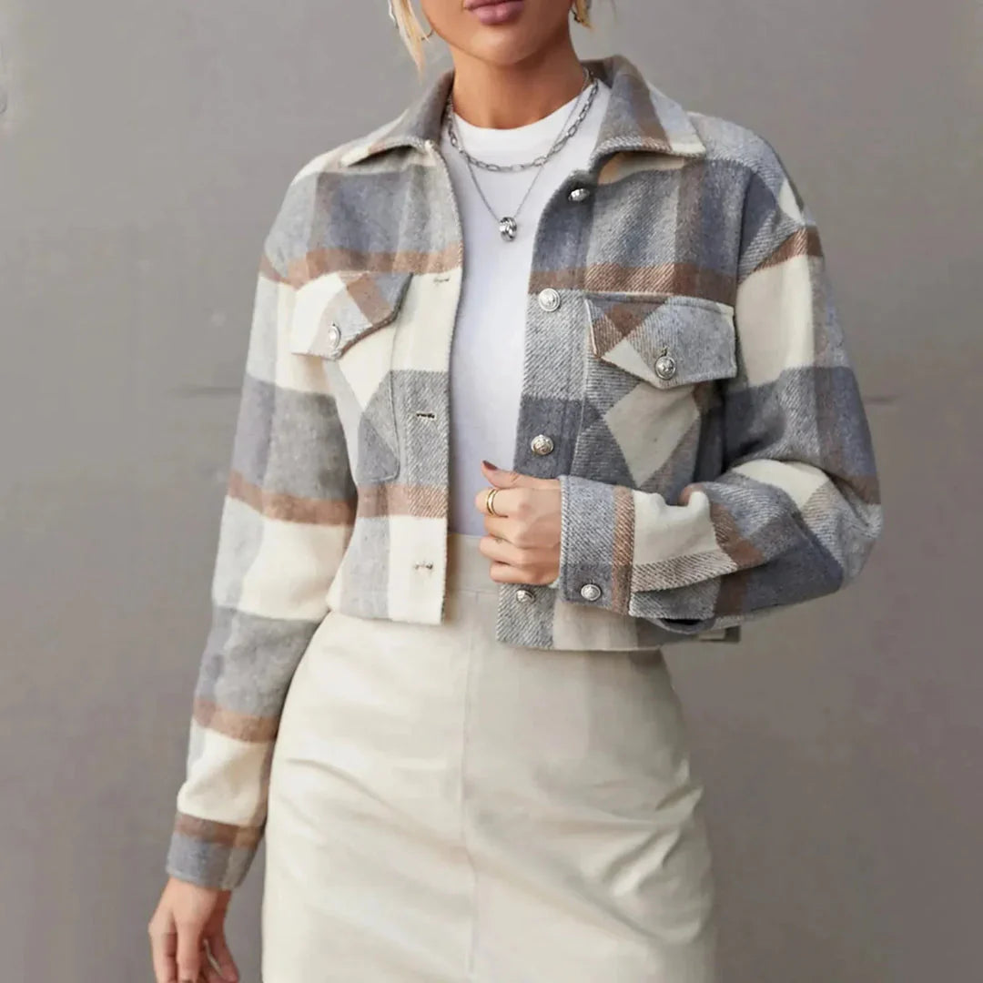 Phoebe - Women's Cropped Plaid Button-Front Jacket