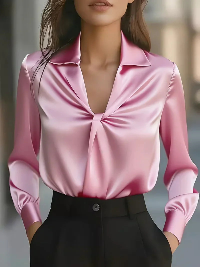 Portia - Women's Satin Front-Twist Blouse with Notch Collar