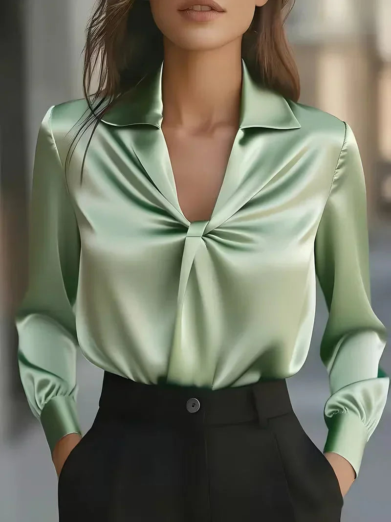 Portia - Women's Satin Front-Twist Blouse with Notch Collar