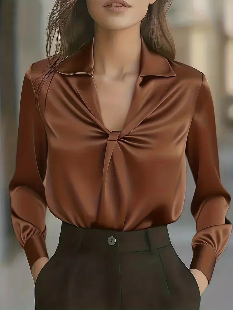 Portia - Women's Satin Front-Twist Blouse with Notch Collar