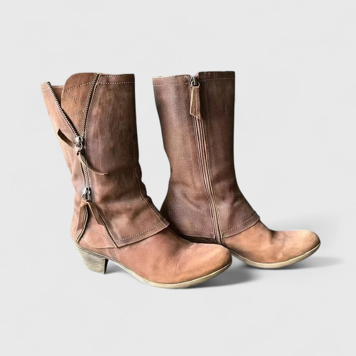 Quinley - Women's Mid-Calf Zip Boots with Stacked Heel