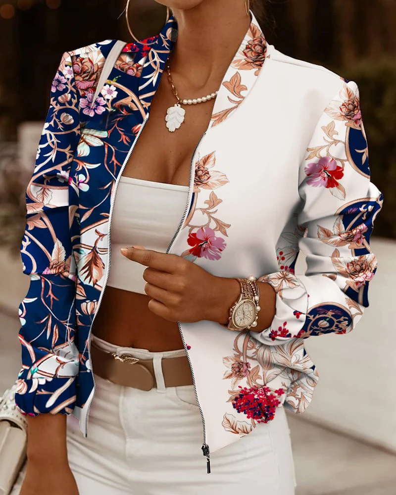 Raquel - Women's Floral Print Zip Bomber Jacket